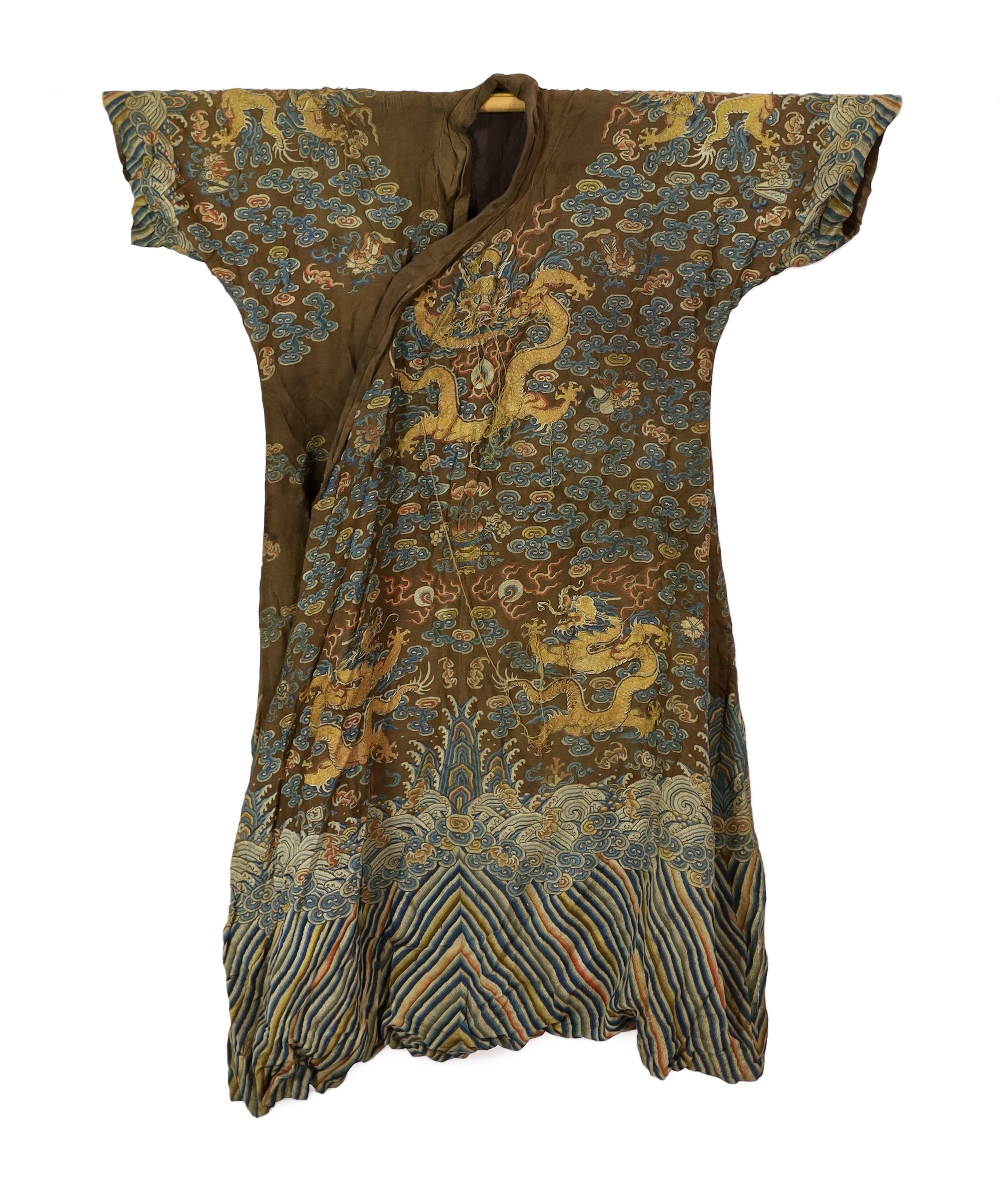 A Chinese embroidered silk and kesi gauze ’dragon’ summer robe, late Qing dynasty, some alterations and unpicked threads